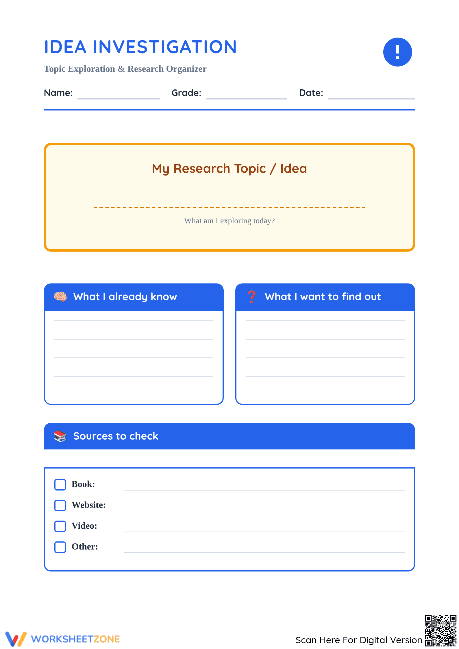 Grade 4 Research Organizer — Printable No-Prep Worksheet - Page 1