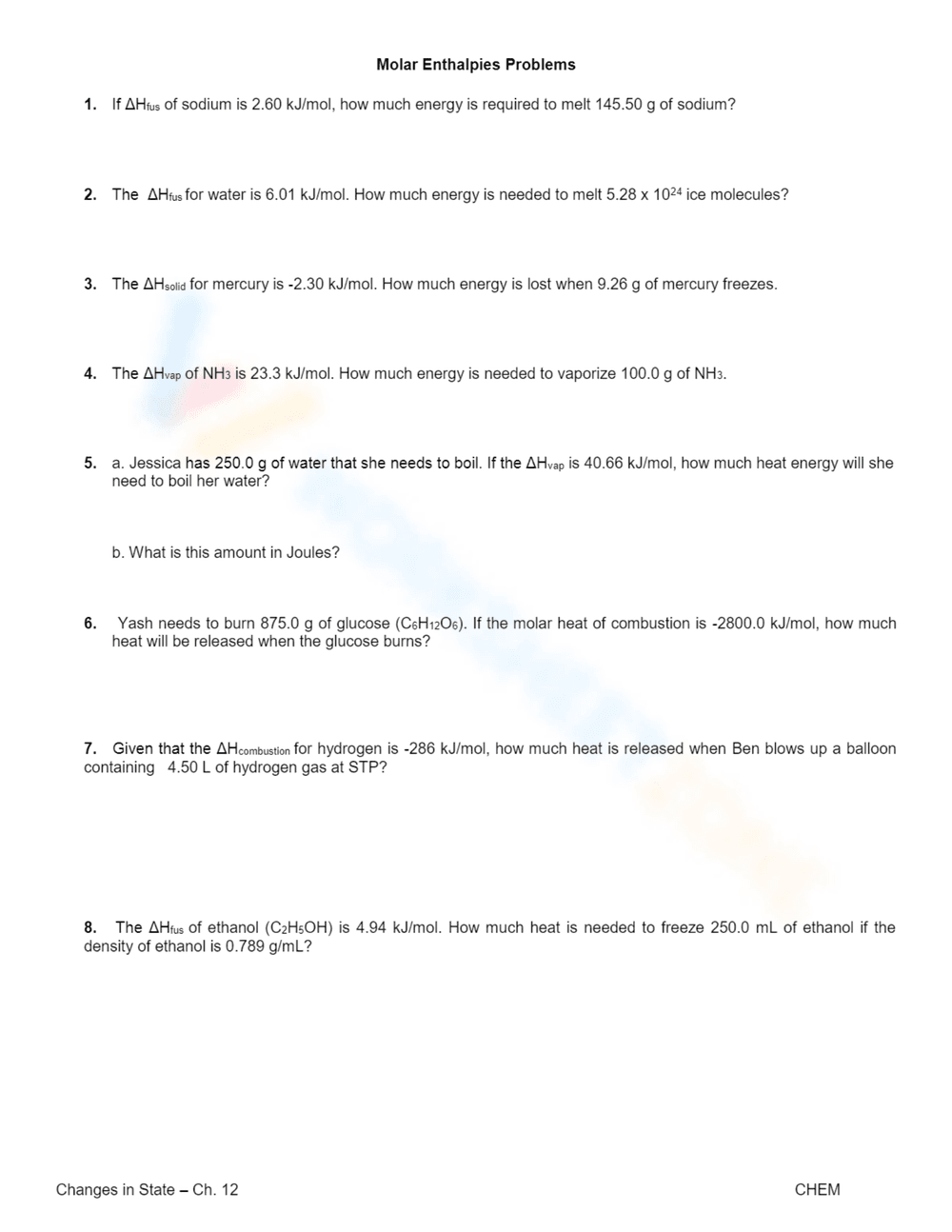 Molar Enthalpies Problems Worksheet - Page 1