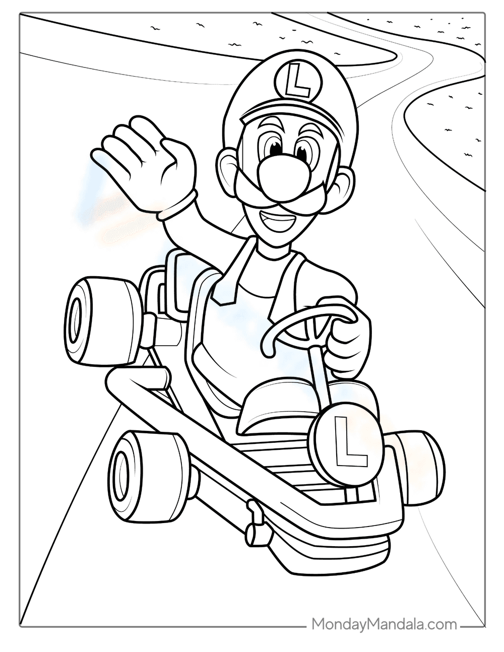 Luigi in Super Mario Kart Coloring Page - Page 1