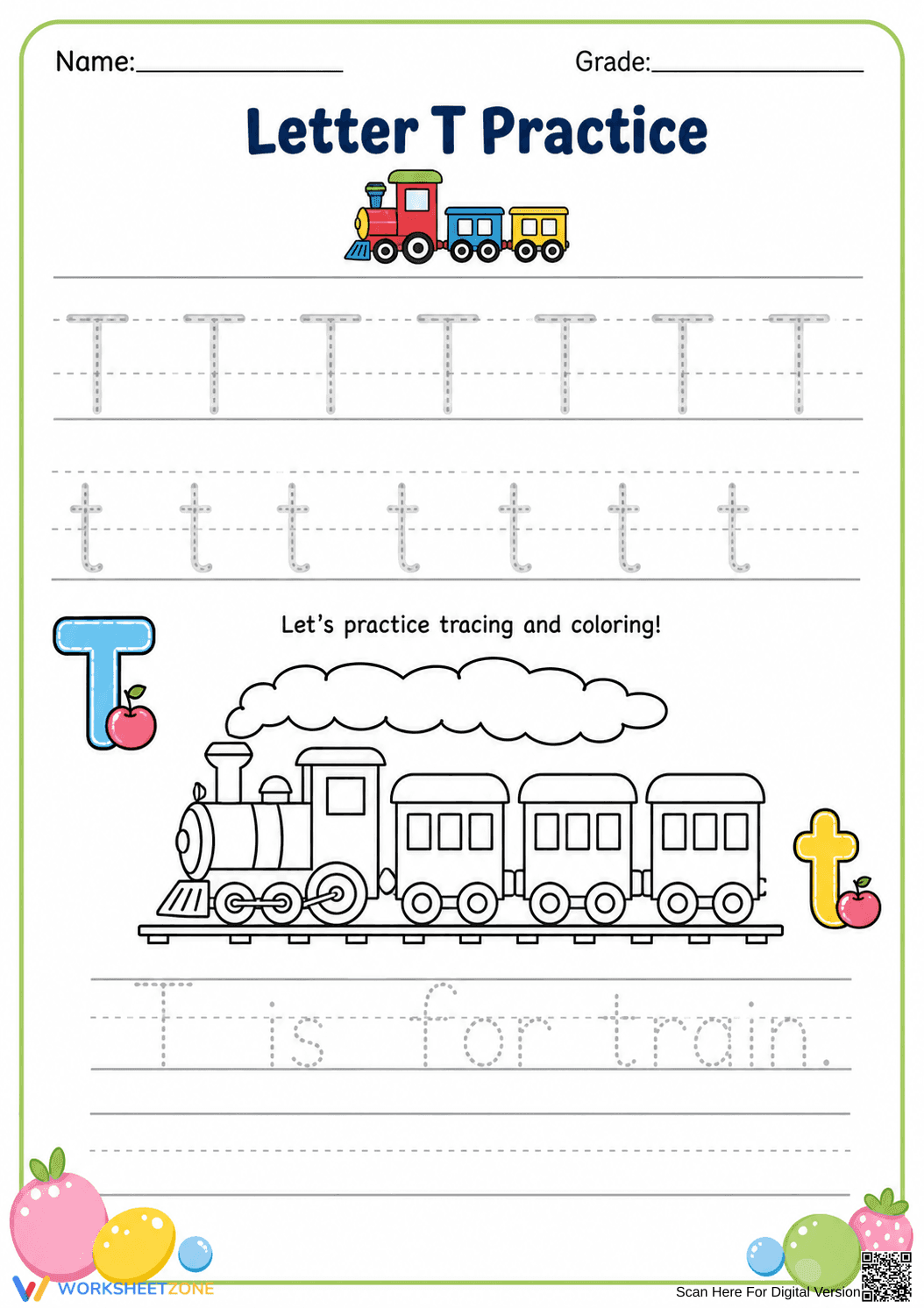 Letter T Tracing Practice - Train Theme Handwriting Worksheet - Page 1