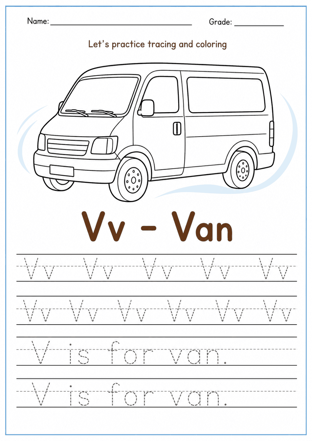 Printable Letter V Tracing Worksheet | Grade K ELA - Page 1