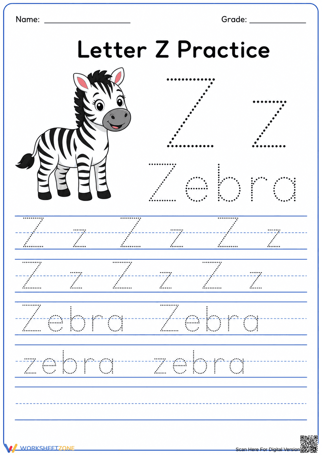 Printable Letter Z Tracing Worksheet | Grade K ELA - Page 1