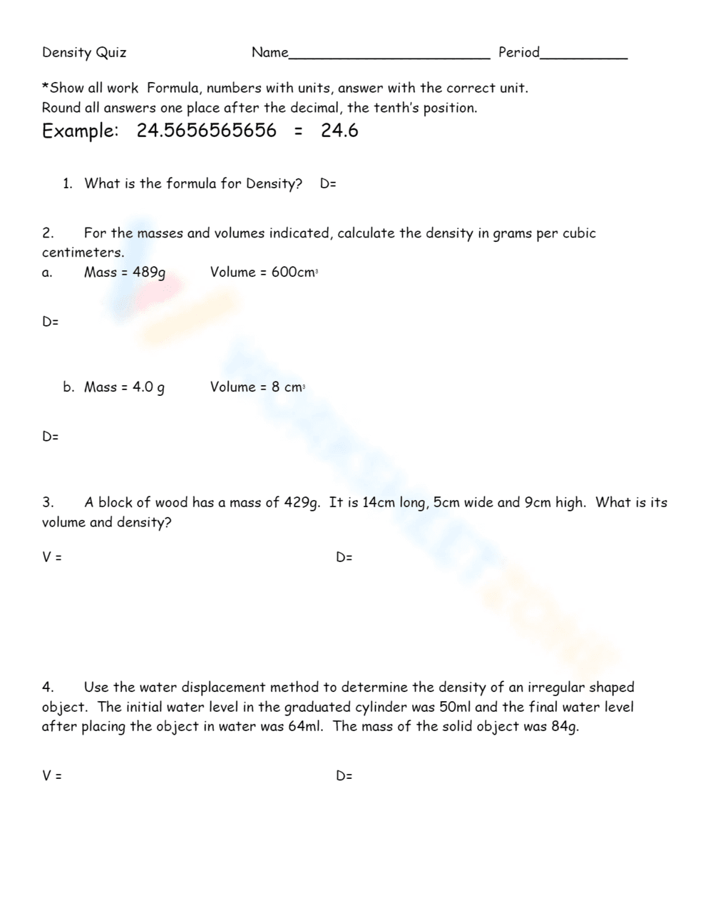 Density Quiz Re-Take for Science Students - Page 1