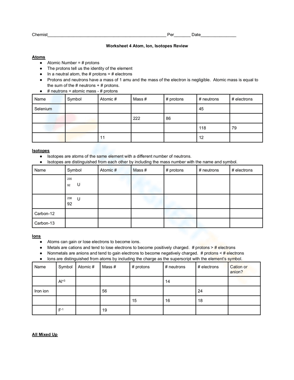 Atoms, Isotopes, and Ions Review Worksheet - Page 1