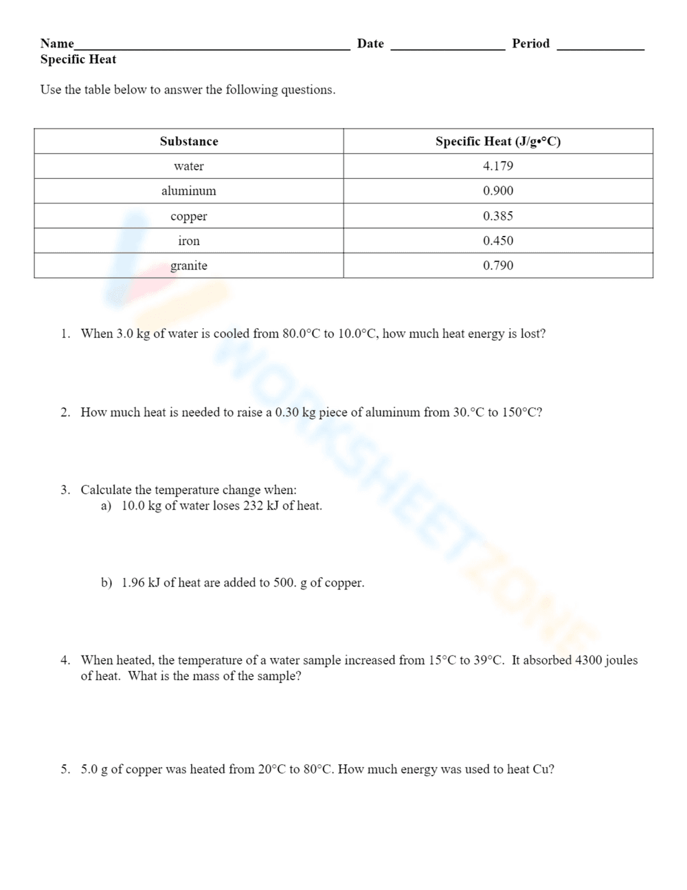 Mastering Specific Heat Worksheet - Page 1