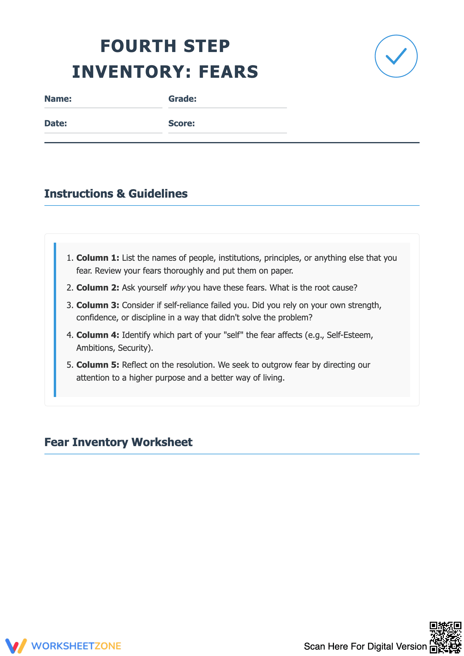 Fourth Step Inventory Worksheet: Fear - Page 1