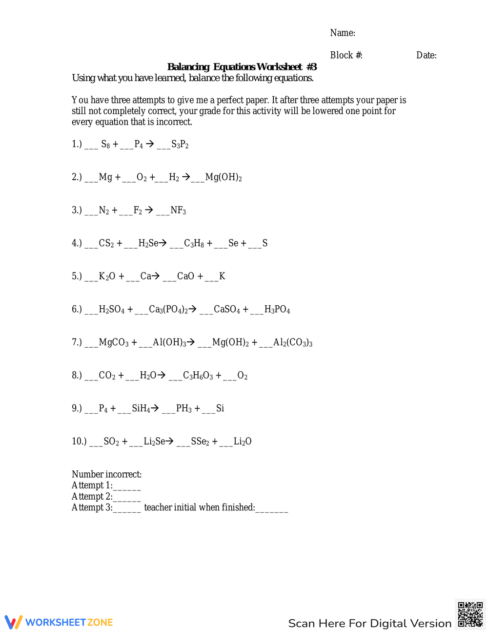 Balancing Equations Worksheet - Page 1