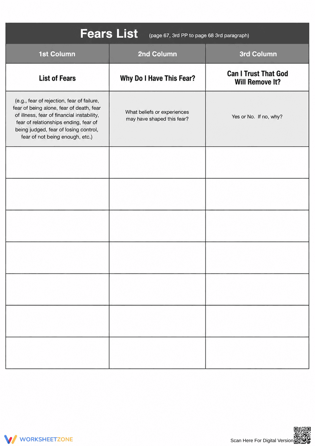 Printable 4th Step Fear List Worksheet | Grade 8 - Page 1