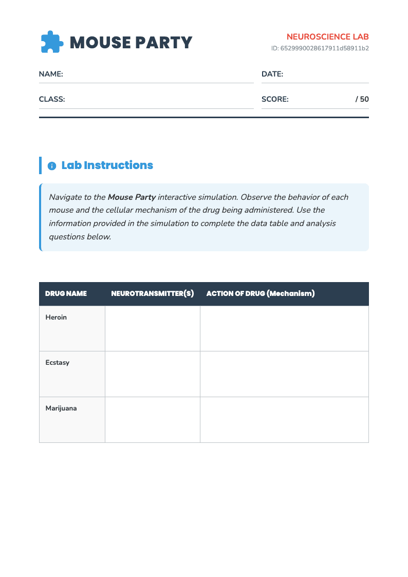 Mouse Party Drug Effects Worksheet - Page 1