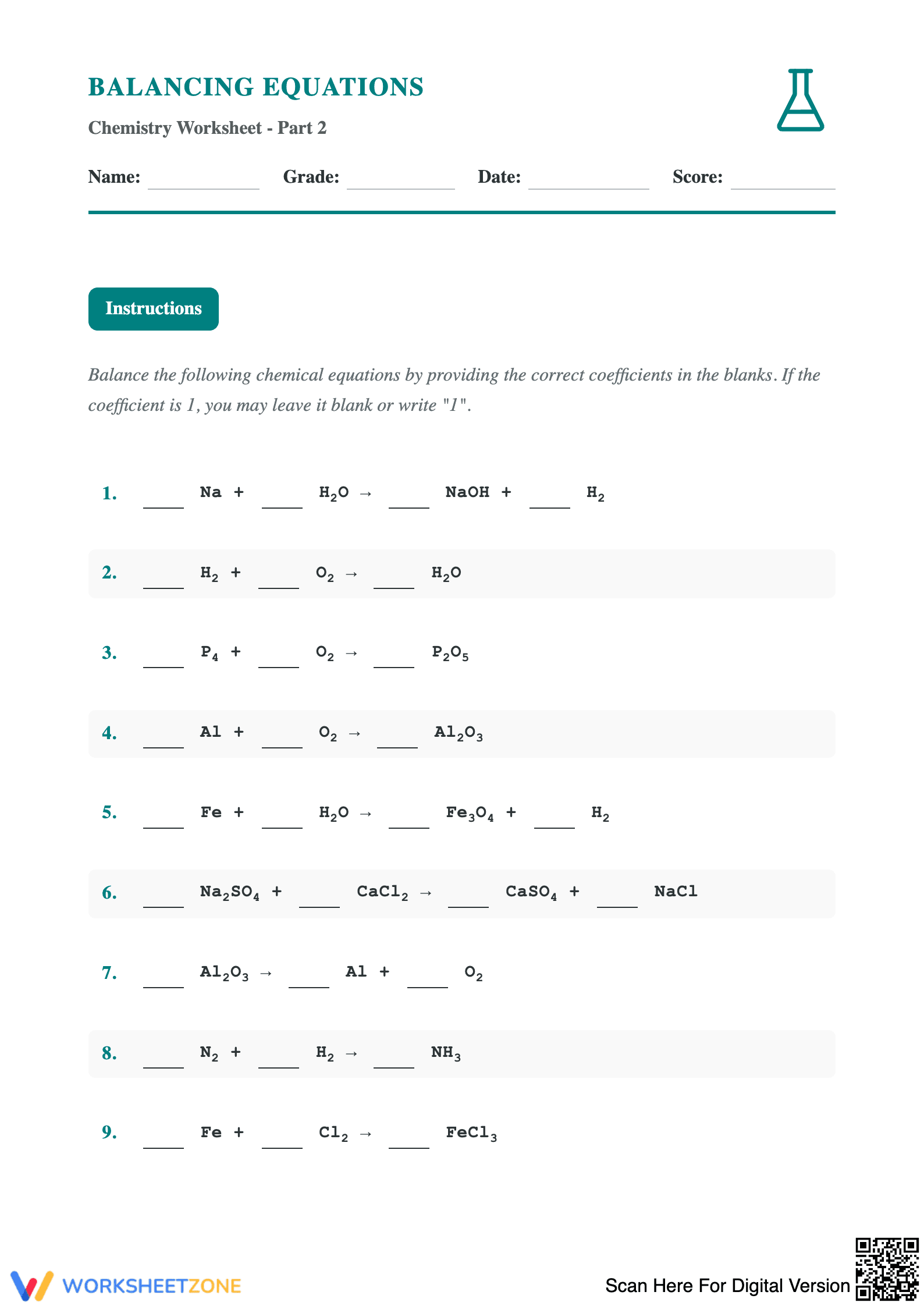 Balancing Equations Worksheet Part 2 - Page 1
