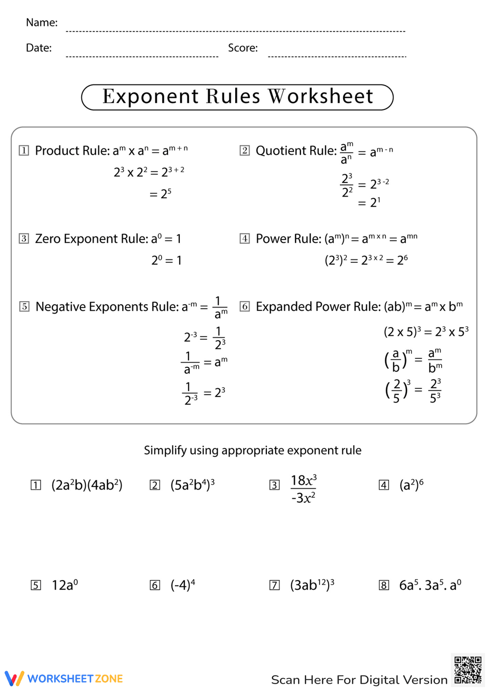 Exponent Rules Worksheet Review - Page 1