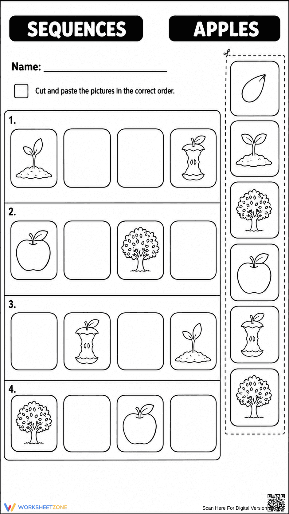 Apple Life Cycle Sequencing | Grade 1 Printable Worksheet - Page 1