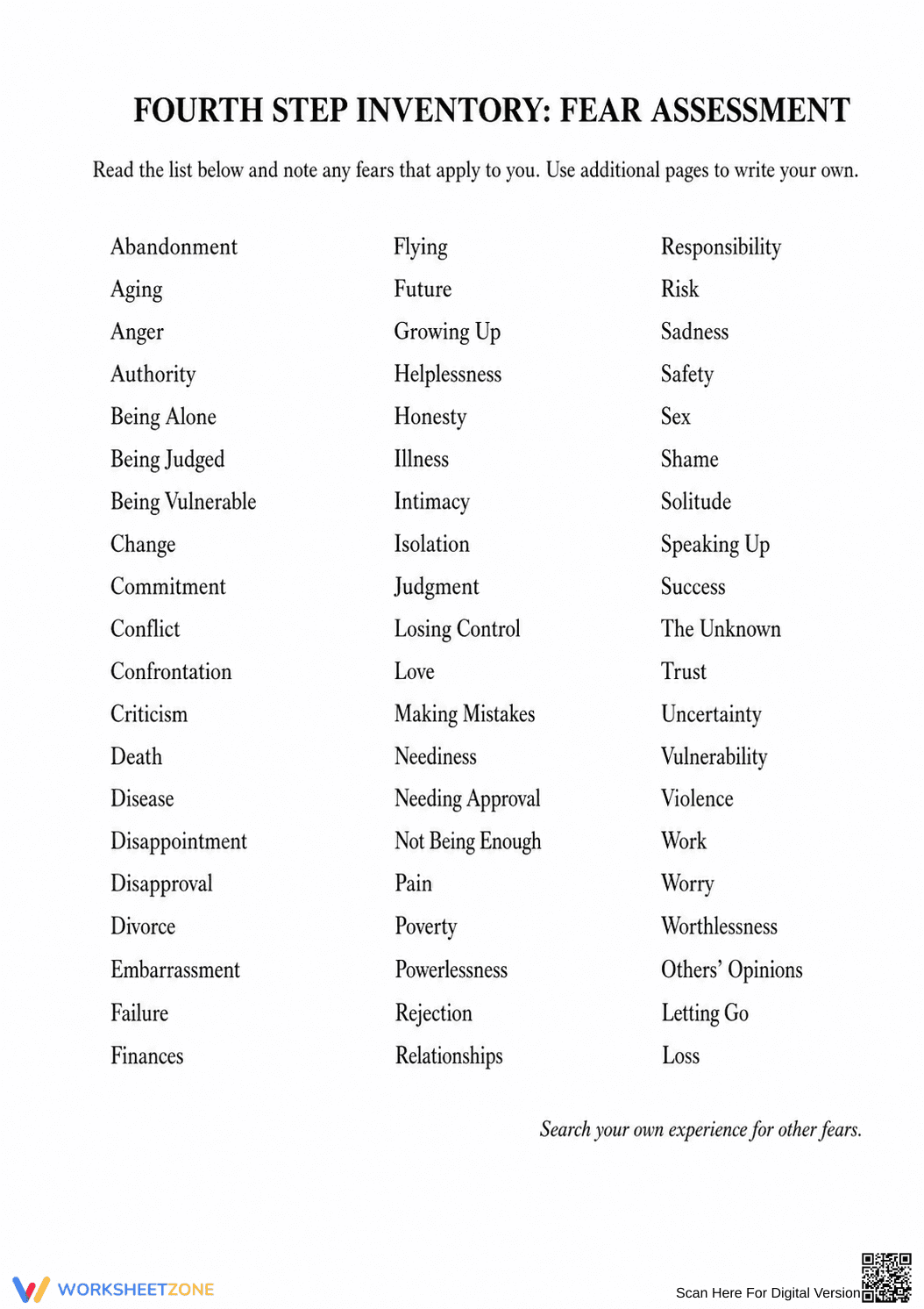 Grades 7-9 Fear Assessment — Printable No-Prep Worksheet - Page 1