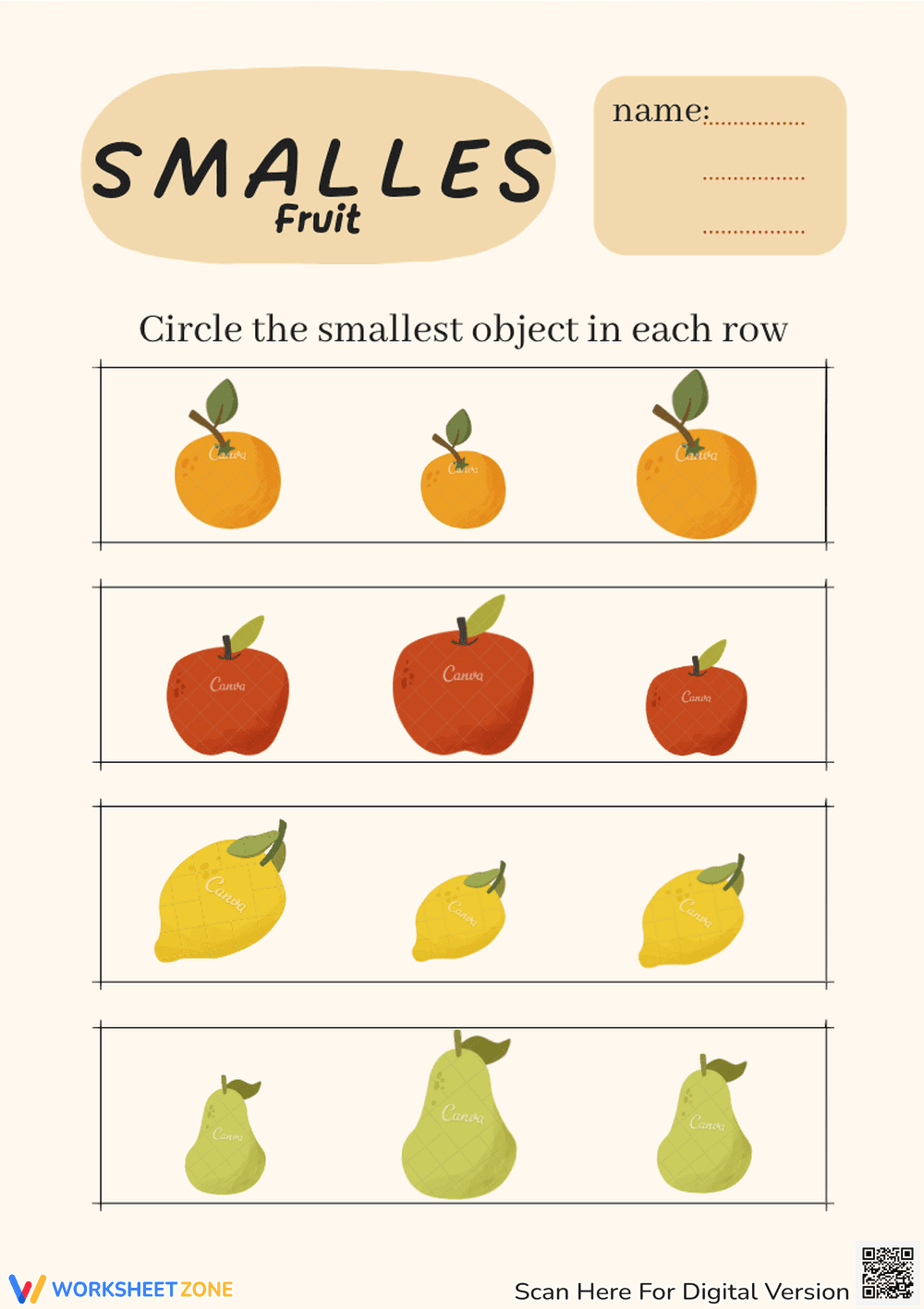 Identifying The Smallest Fruit Size Comparison Worksheet - Page 1