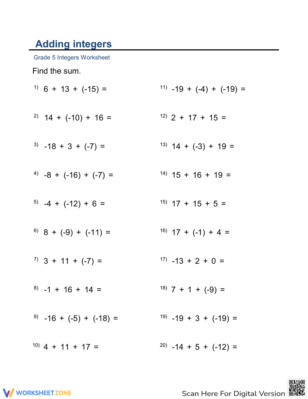 More Adding Integers Practice - Page 1