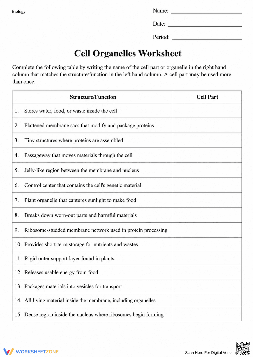 Grade 9 Cell Organelles — Printable No-Prep Worksheet - Page 1