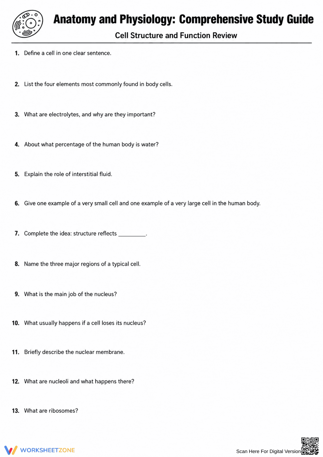 Anatomy and Physiology Cell Worksheet | Essential Grade 9-10 - Page 1