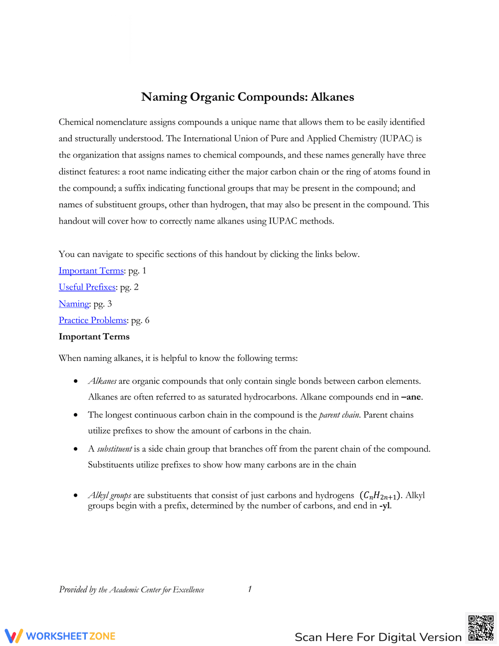 Naming Organic Compounds: Alkanes Worksheet - Page 1