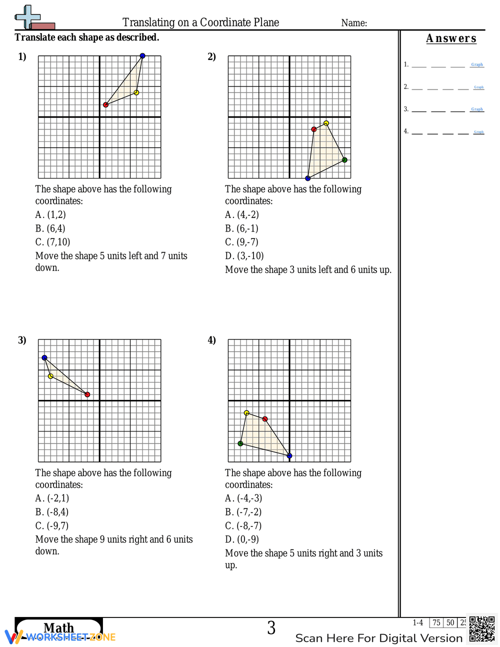 Translation on a Coordinate Plane: Practice Sheet - Page 1