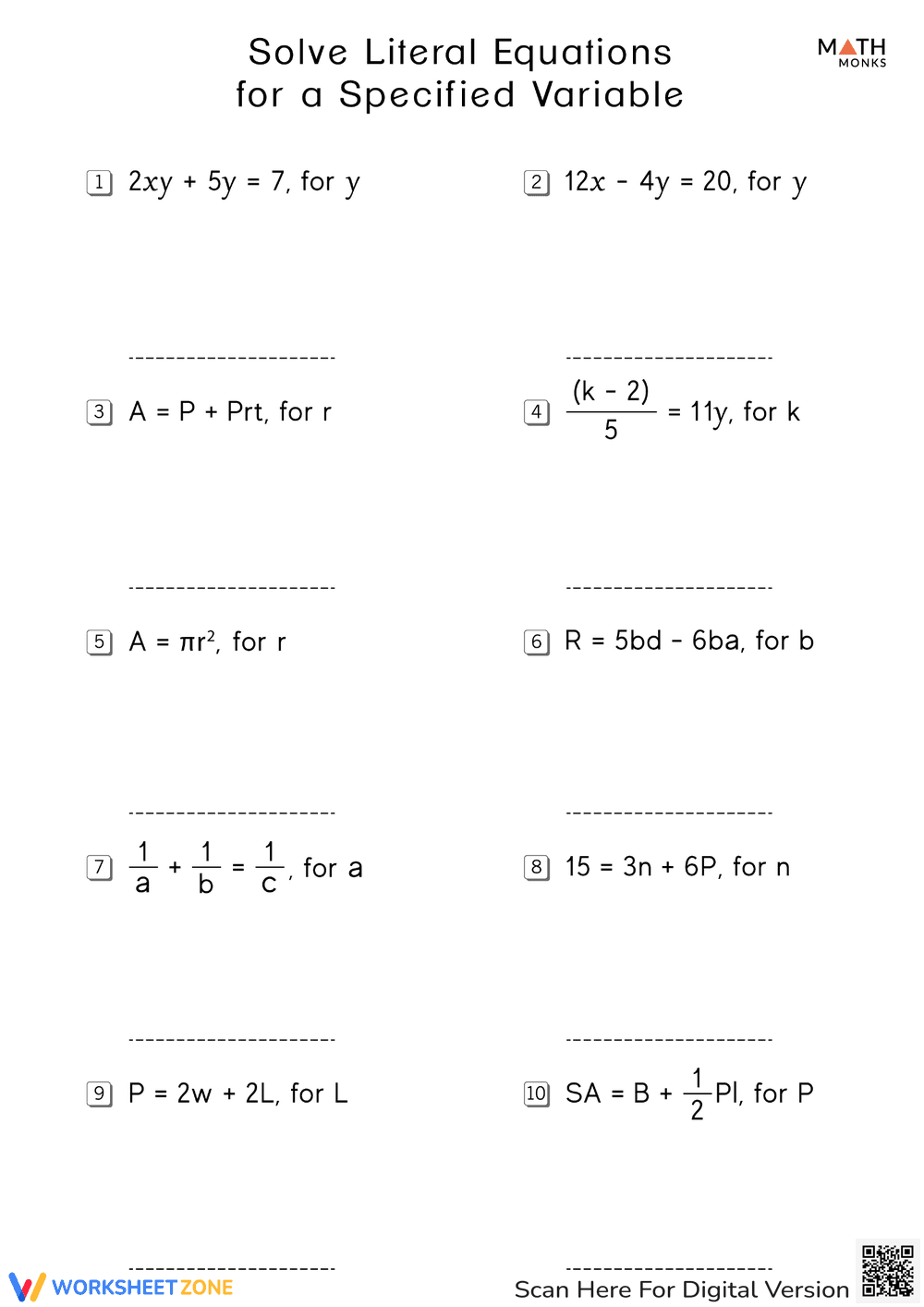 Solve Literal Equations for a Specified Variable - Page 1