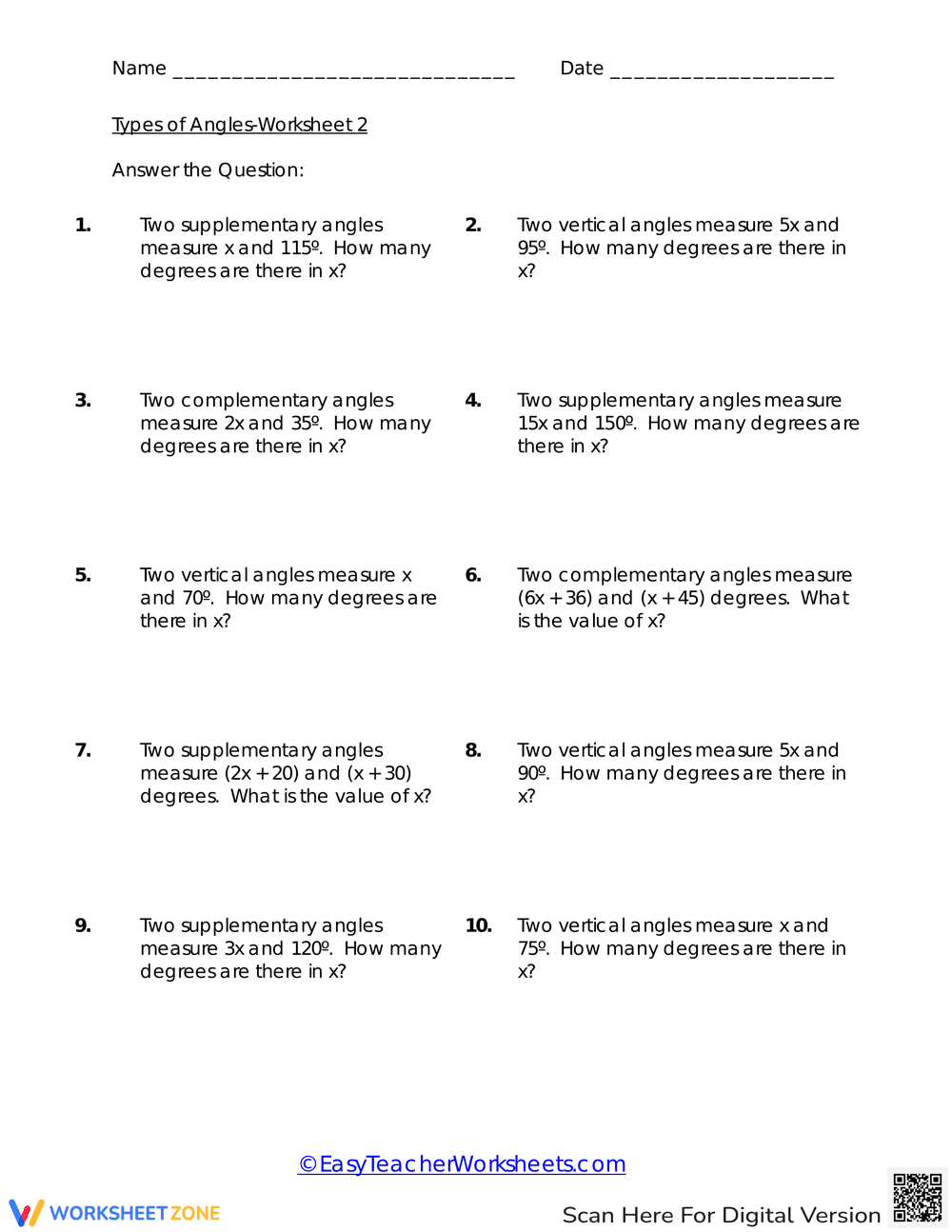 Identifying Types of Angles - Page 1
