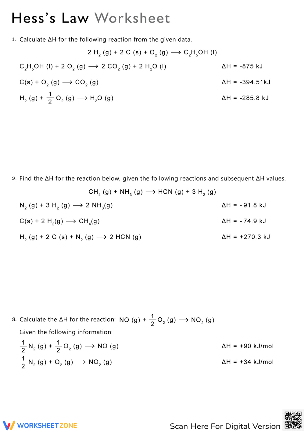 Applying Hess's Law: A Thermochemistry Worksheet - Page 1
