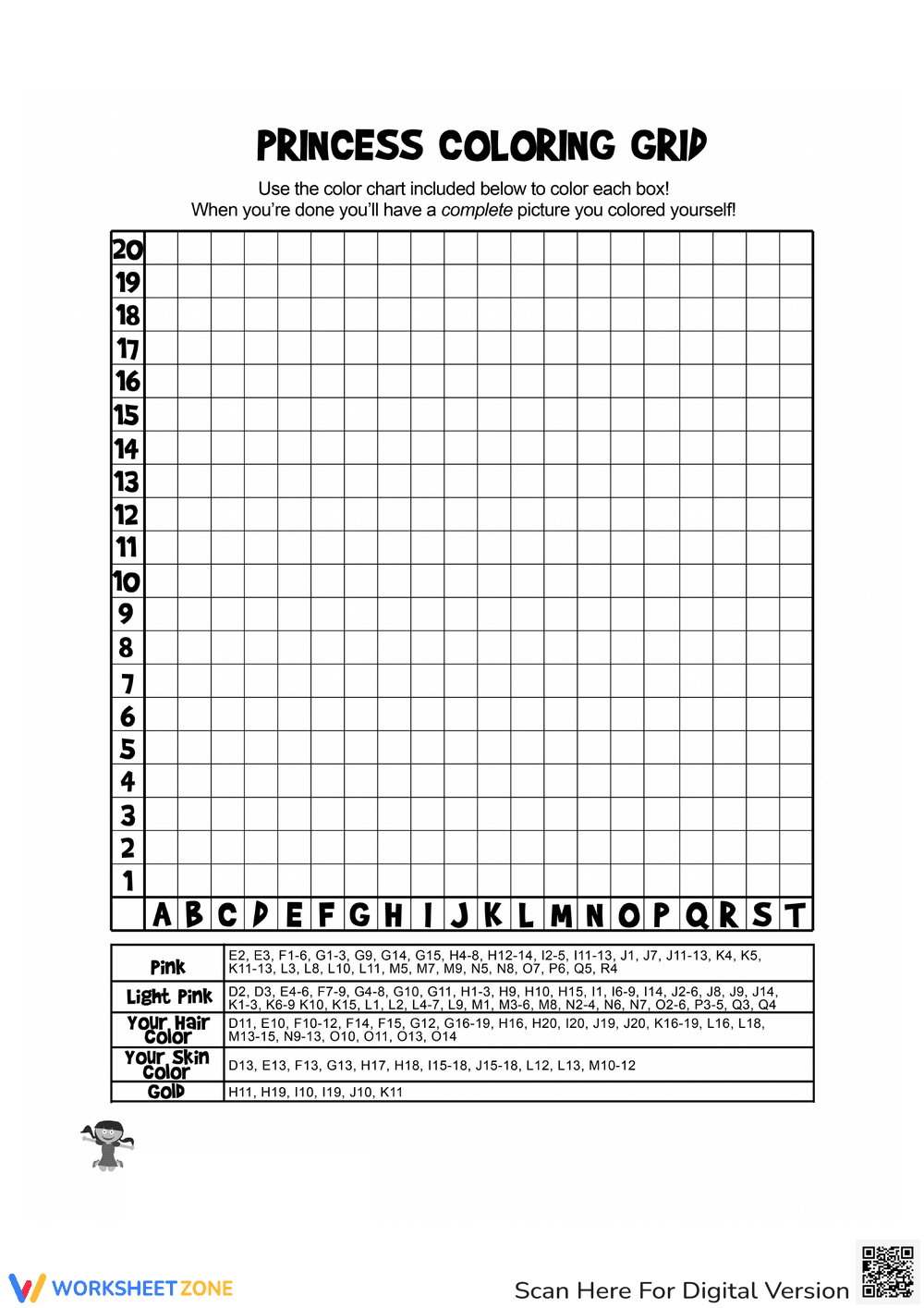 Princess Coloring Grid: Math and Art Activity - Page 1