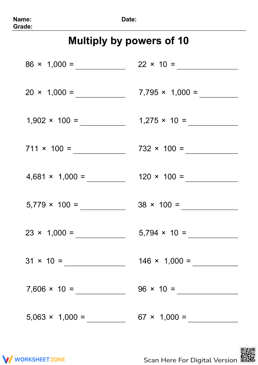 Multiply by Powers of 10: Math Practice Worksheet - Page 1