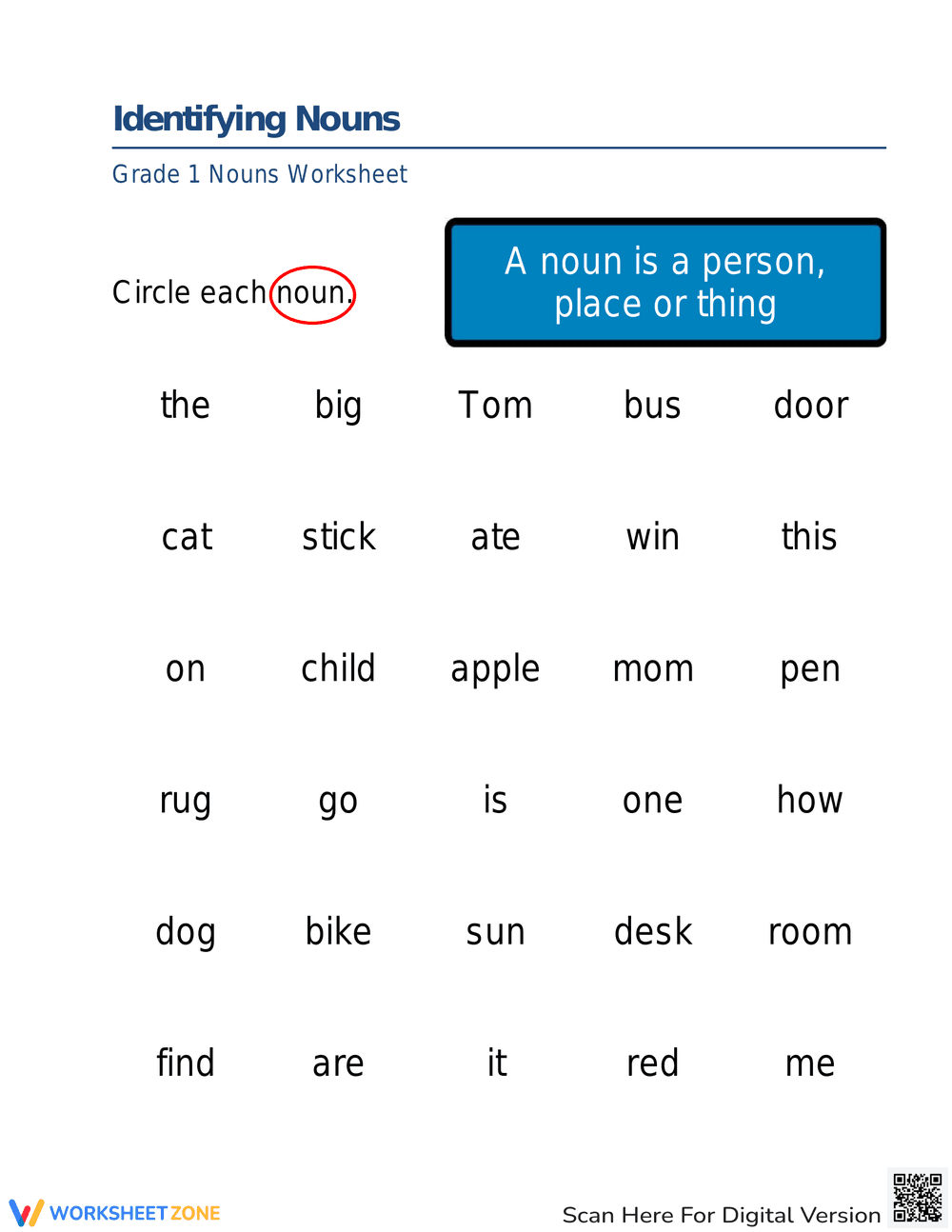 Identifying Nouns: Grammar Skill-Building Worksheet - Page 1