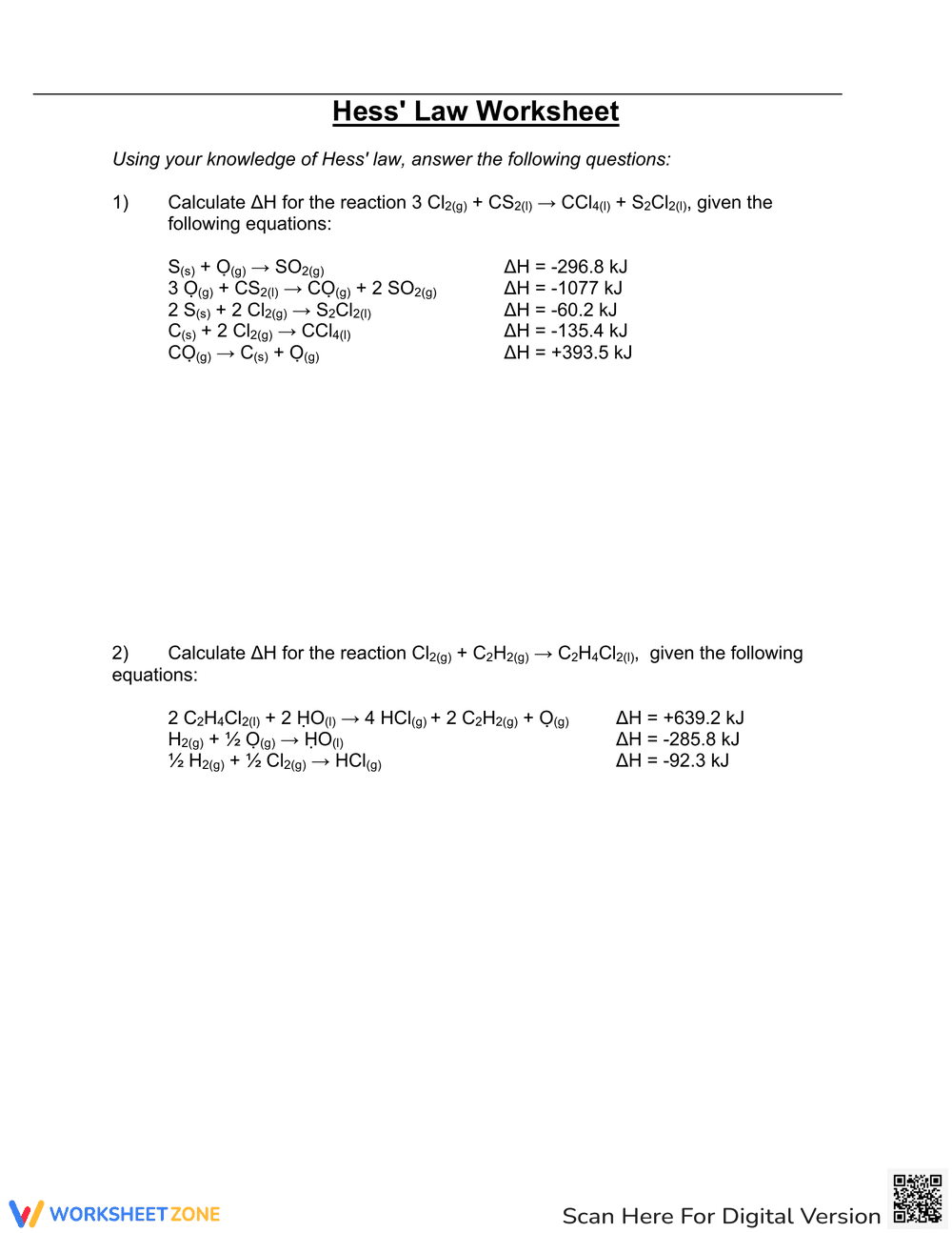 Hess's Law Worksheet: Thermochemistry Practice - Page 1