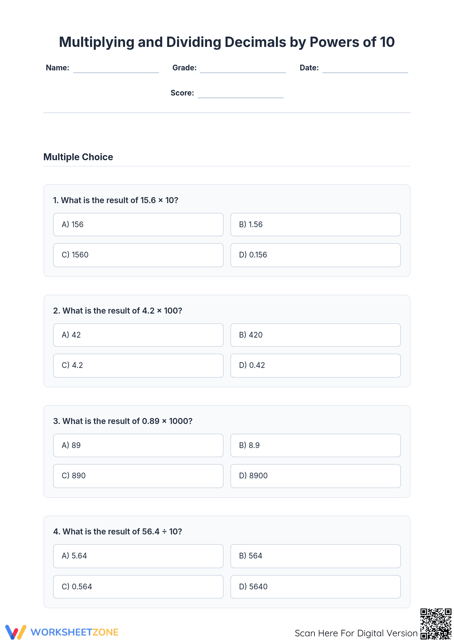 Grade 7-8 Decimal Powers of 10 - Printable No-Prep Worksheet - Page 1