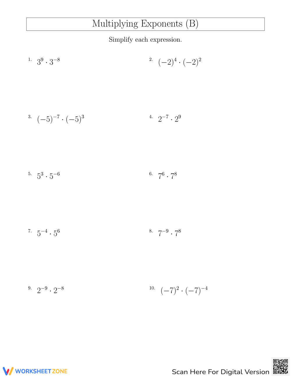 Multiplying Exponents Practice Worksheet - Page 1