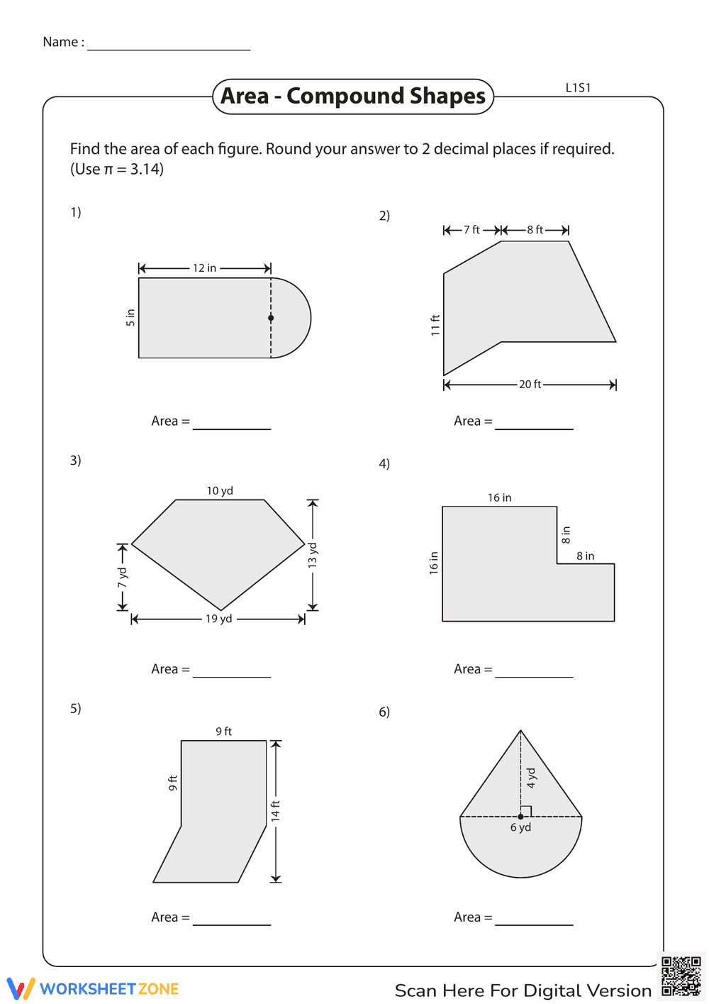 Calculating Area of Compound Shapes Worksheet - Page 1