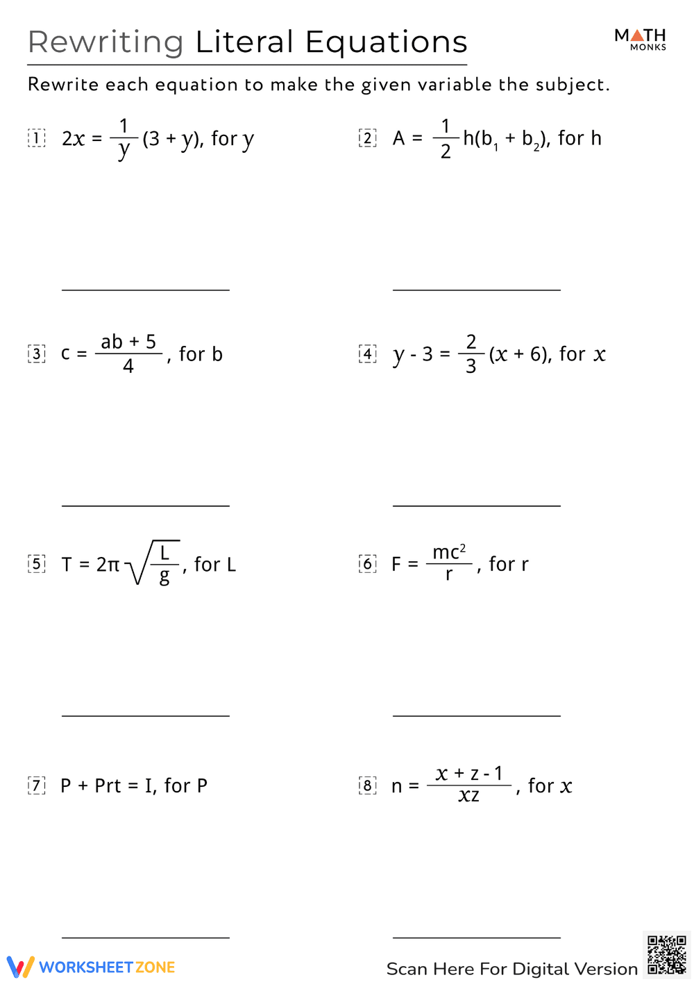 Rewriting Literal Equations Worksheet - Page 1