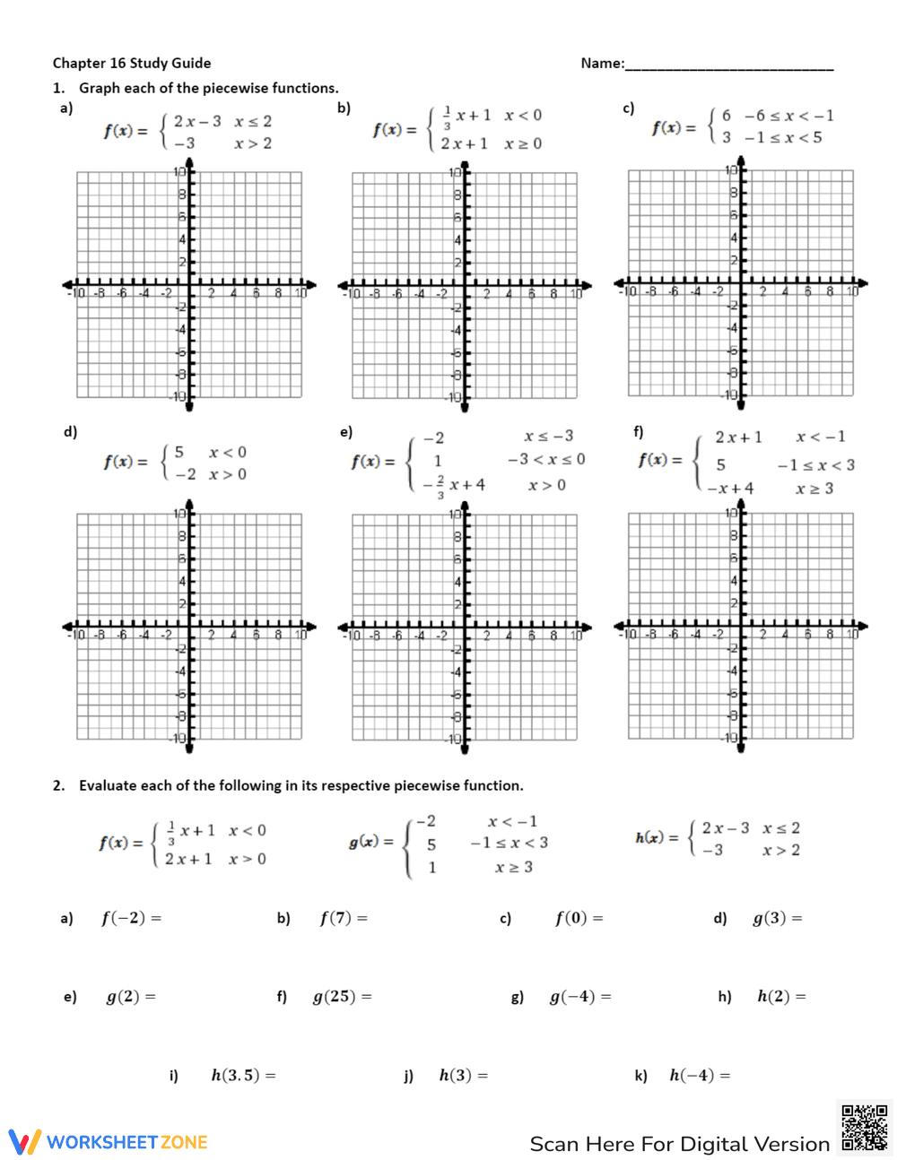 Piecewise Functions Practice Worksheet - Page 1