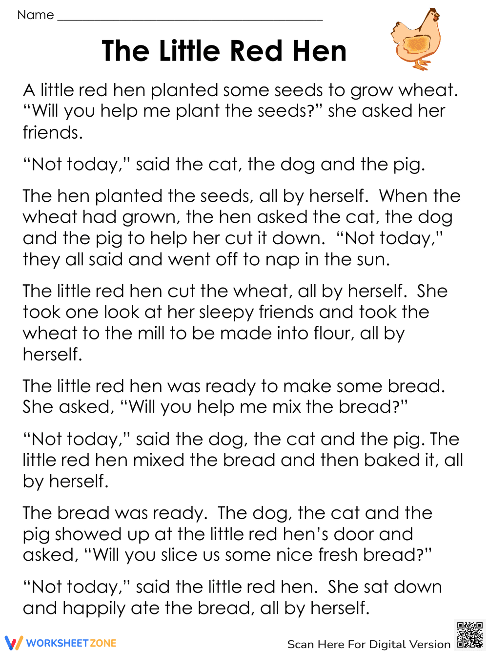 The Little Red Hen Reading Comprehension Worksheet - Page 1