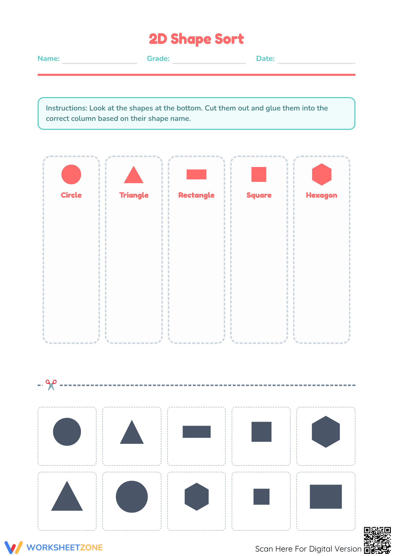 Printable 2D Shape Sort Worksheet | Kindergarten Math - Page 1