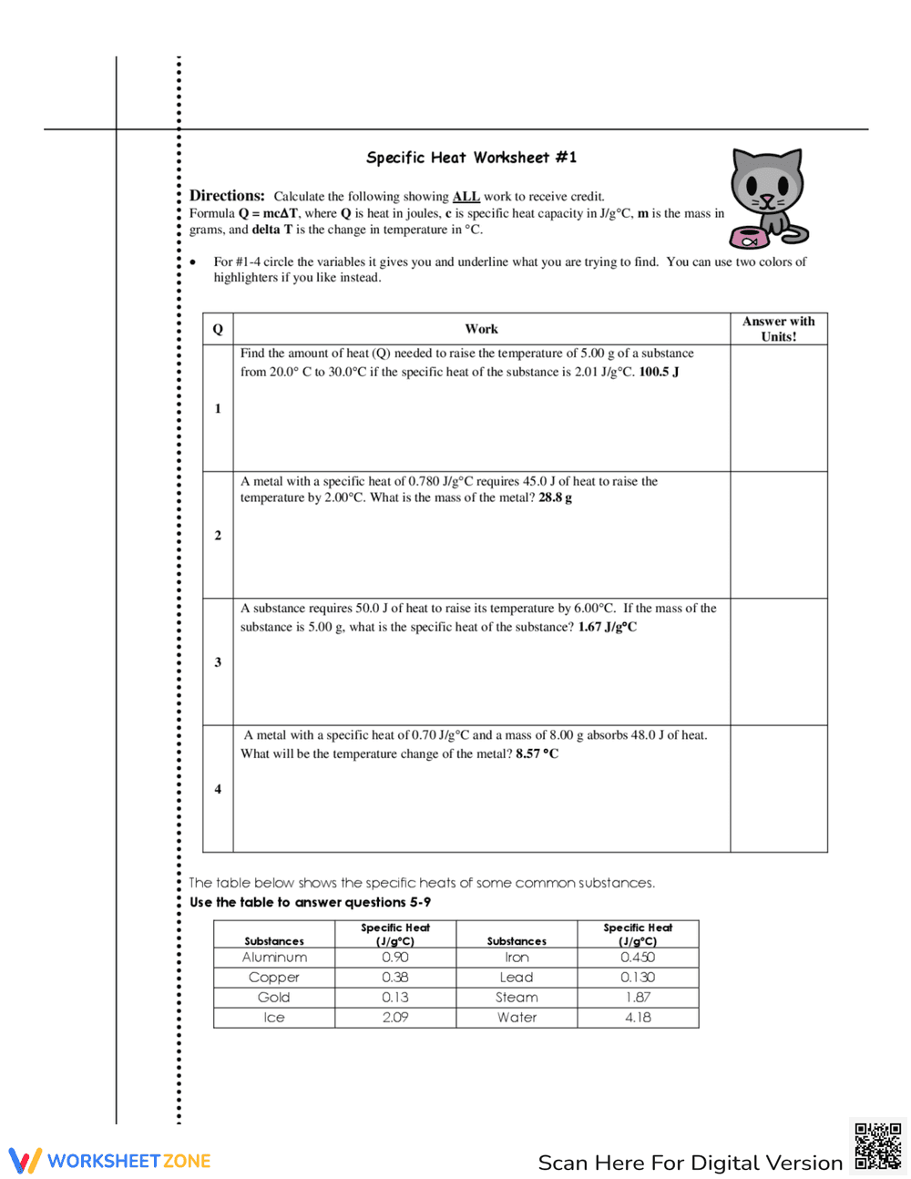 Practice with Specific Heat Worksheet - Page 1