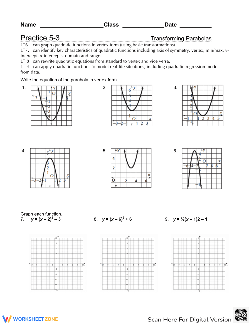 Transforming Parabolas Practice Worksheet - Page 1