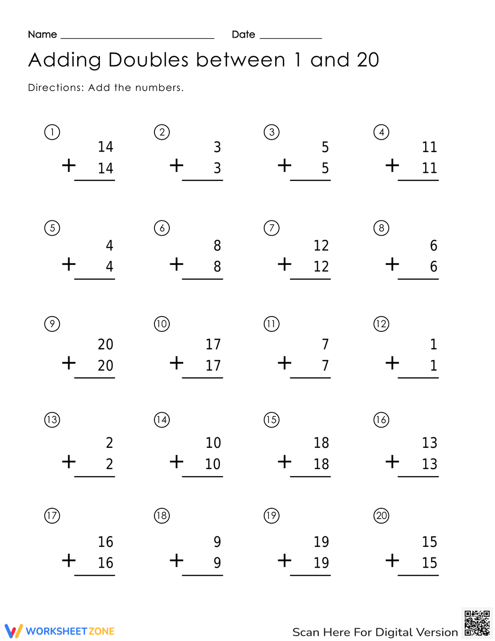 Adding Doubles Between 1 and 20 Worksheet - Page 1
