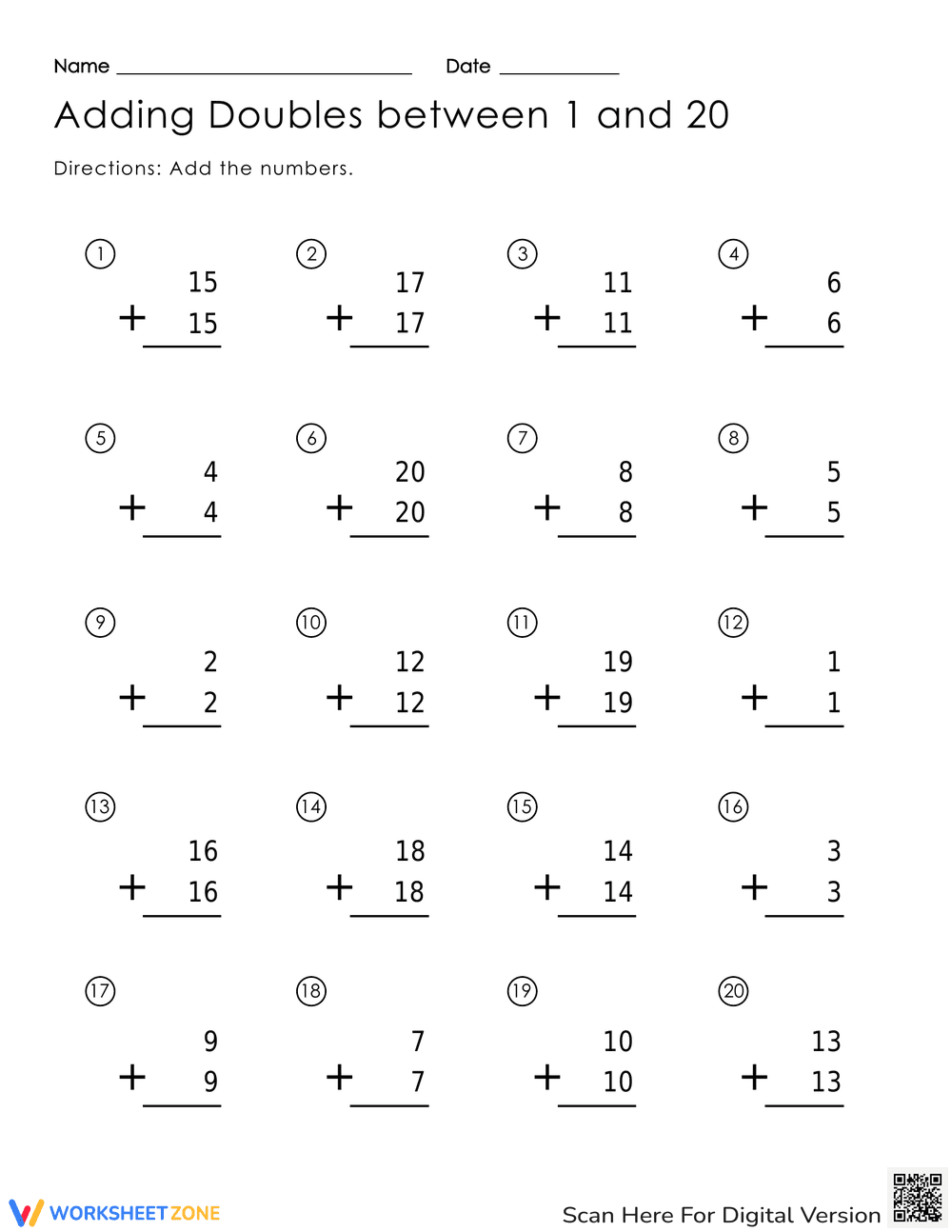 Adding Doubles Practice 1-20 - Page 1