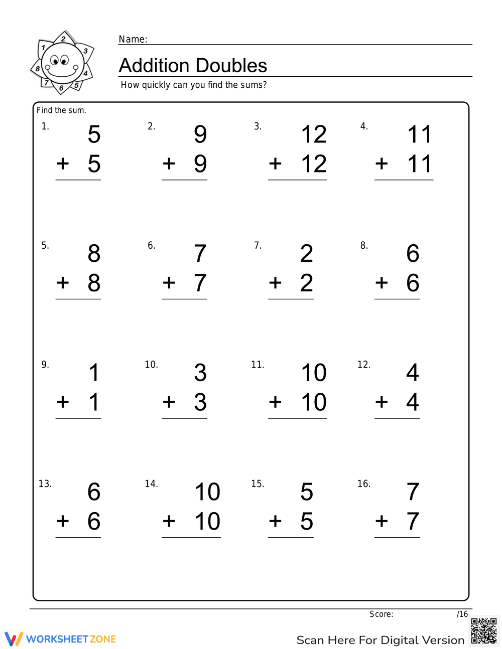 Addition Doubles Worksheet for Math Practice - Page 1