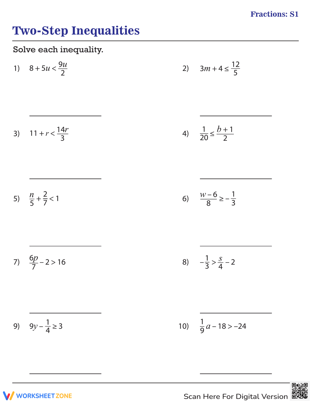 Solving Two-Step Inequalities with Fractions - Page 1