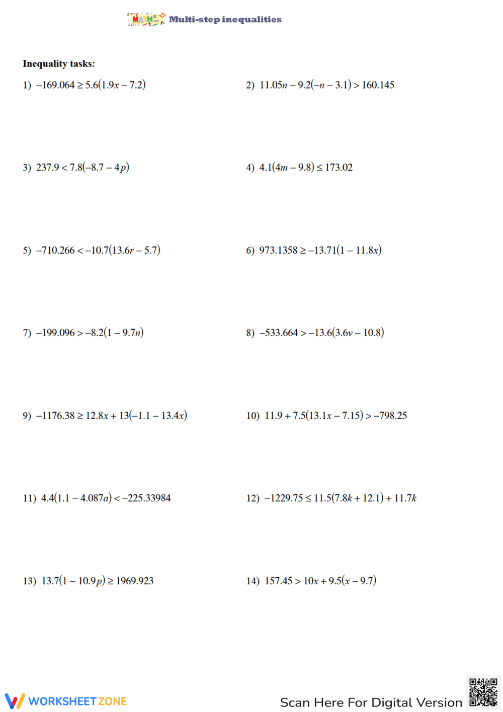 Multi-Step Inequalities with Decimals - Page 1
