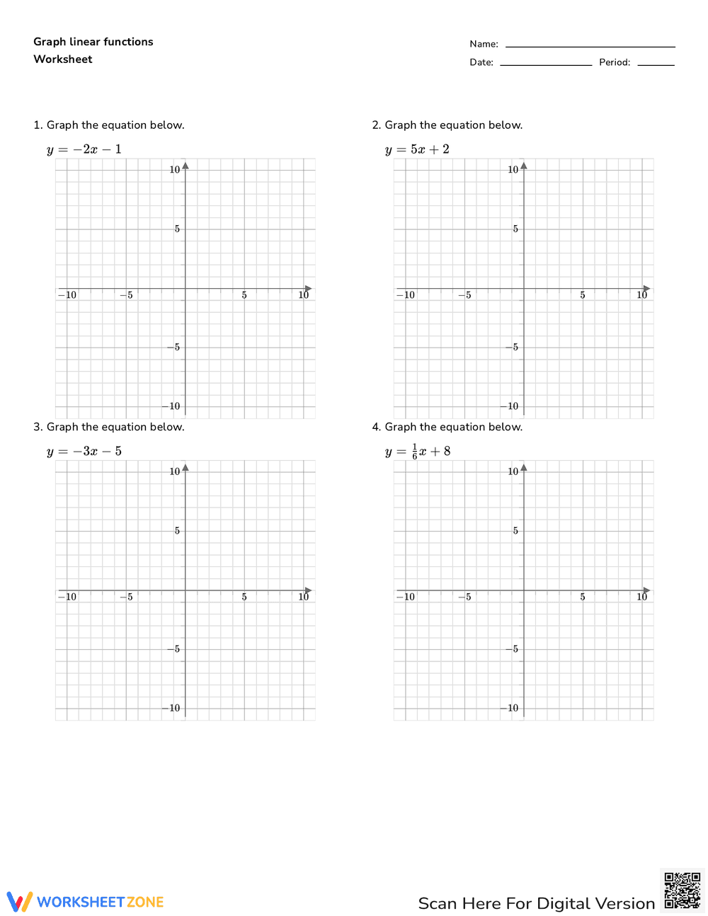 Graph Linear Functions Practice Worksheet - Page 1