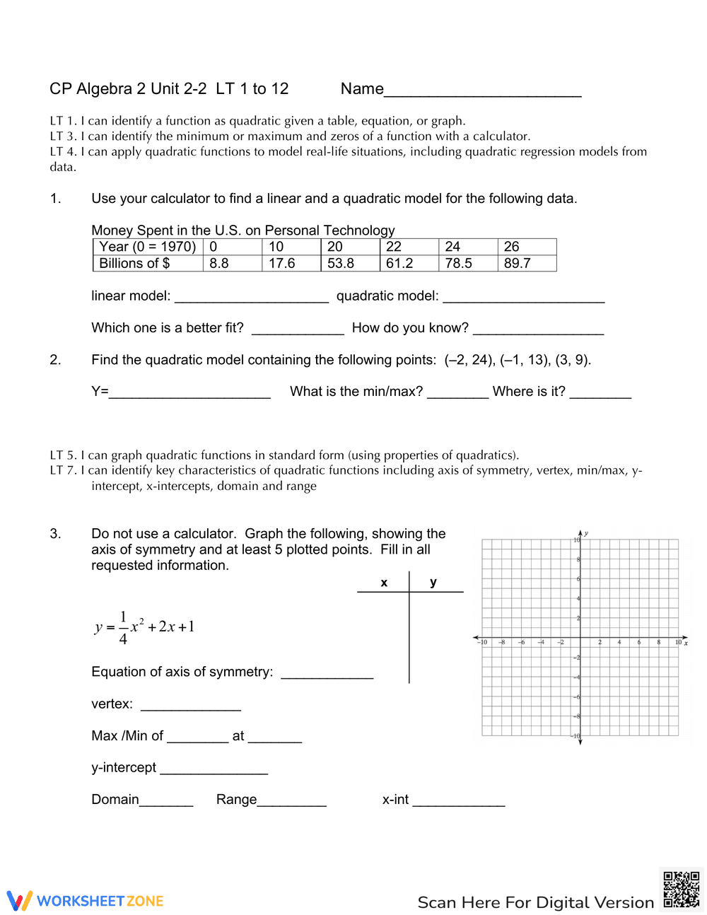 Identifying Quadratic Functions Practice - Page 1