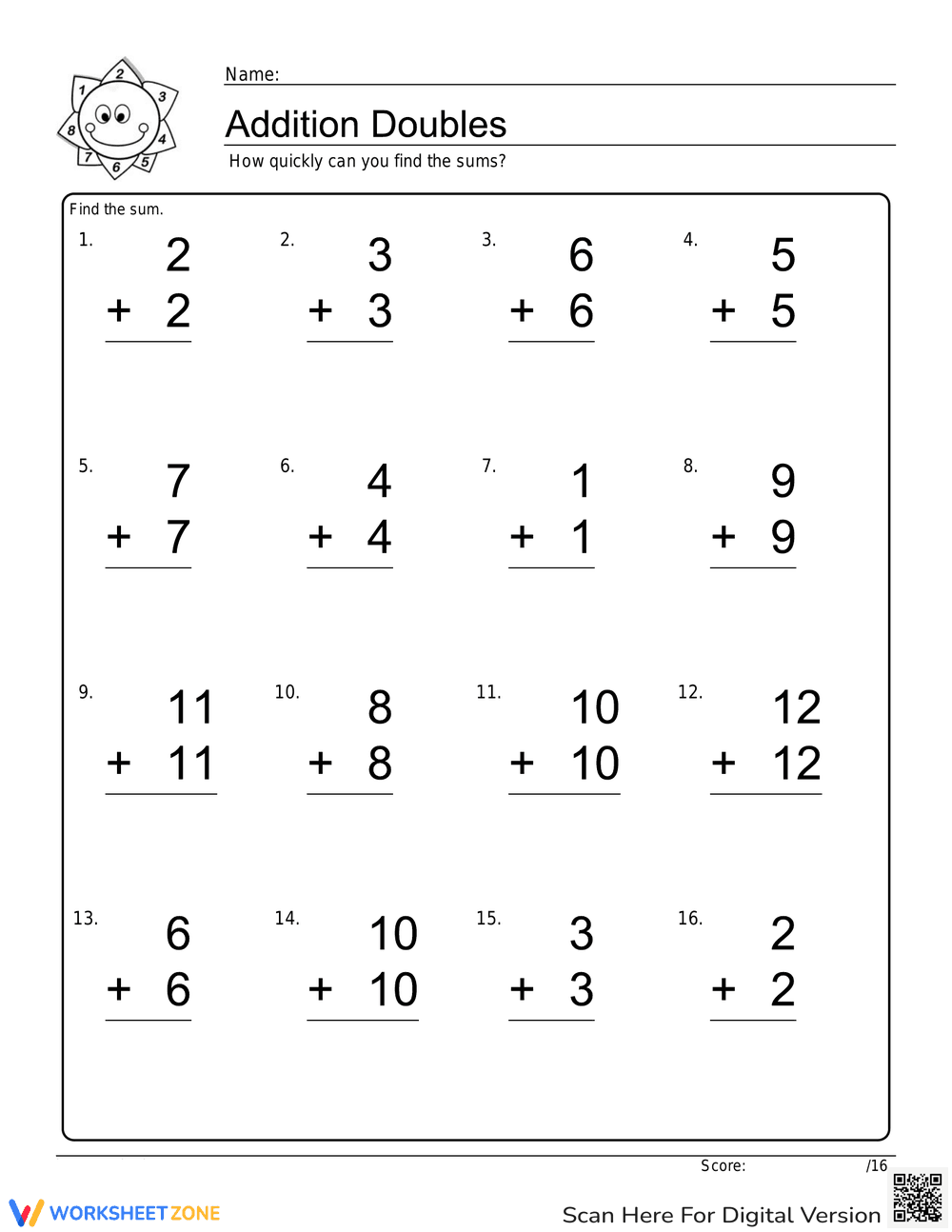 Addition Doubles Math Worksheet - Page 1