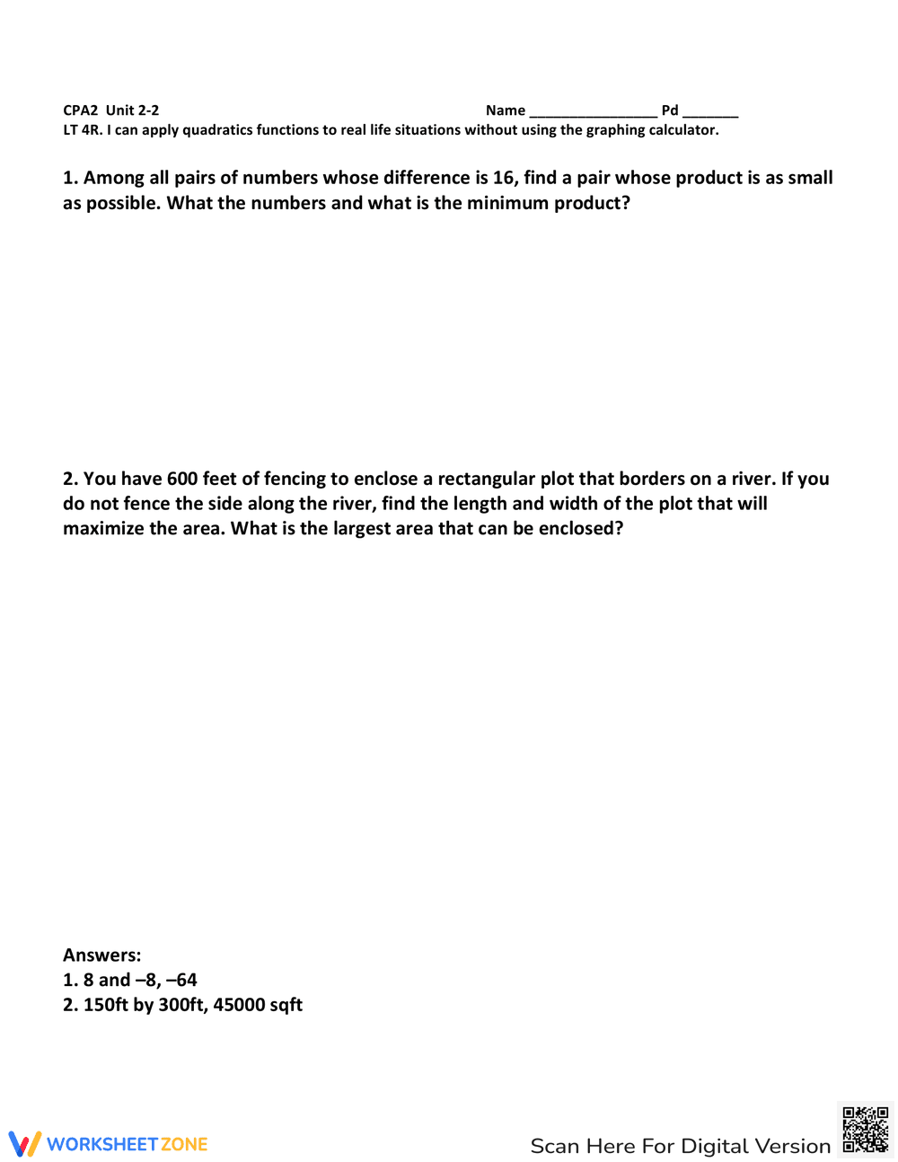 Applications of Quadratic Functions Worksheet - Page 1
