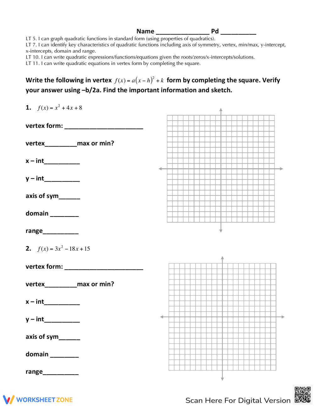 Quadratic Functions Practice Worksheet - Page 1