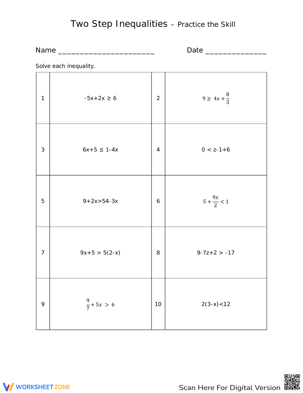 Two-Step Inequalities Worksheet - Page 1